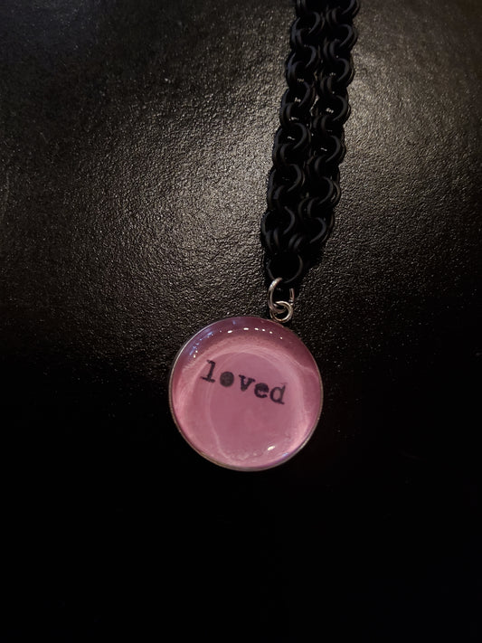 'Loved' Pink Pendant Necklace with Black Chain