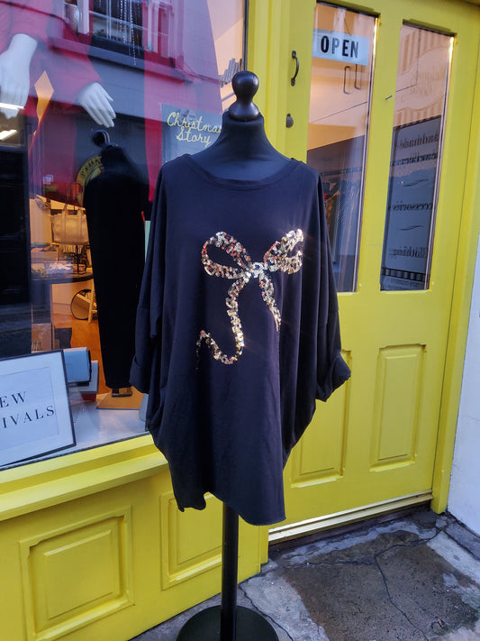 Black Sequin Bow Jumper with Pockets