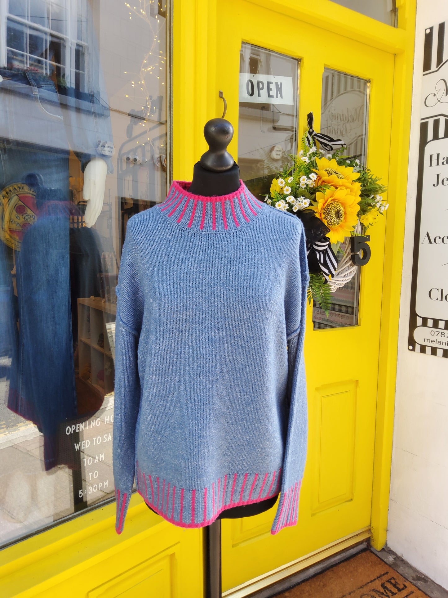 Denim and Pink Contrast Stripe Jumper