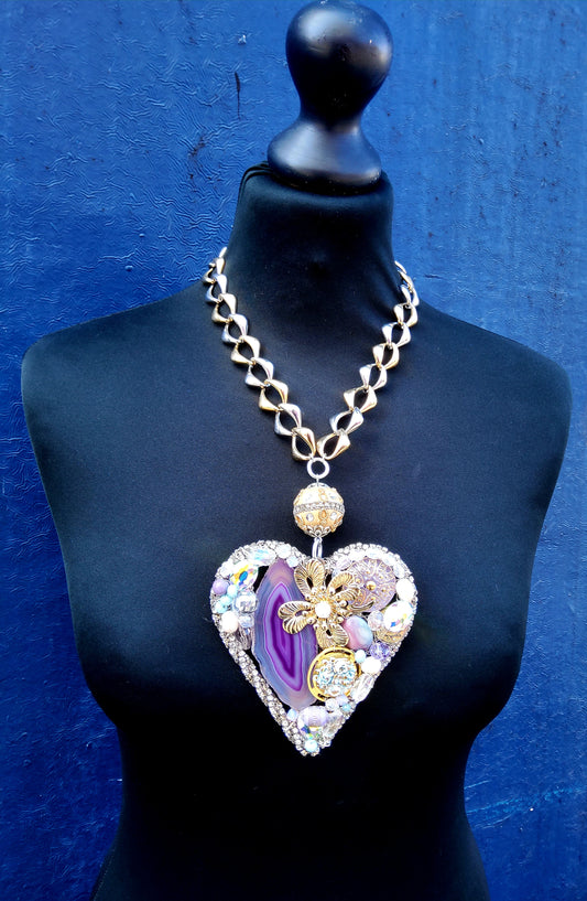 Hand-wired Stained Glass Meets Hedgerow Heart in lilacs & mixed metals on vintage statement chain (to order)