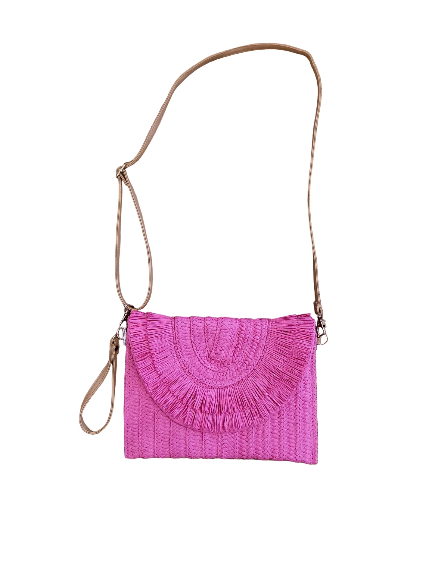 Pink Woven Straw Fringe Crossbody Bag