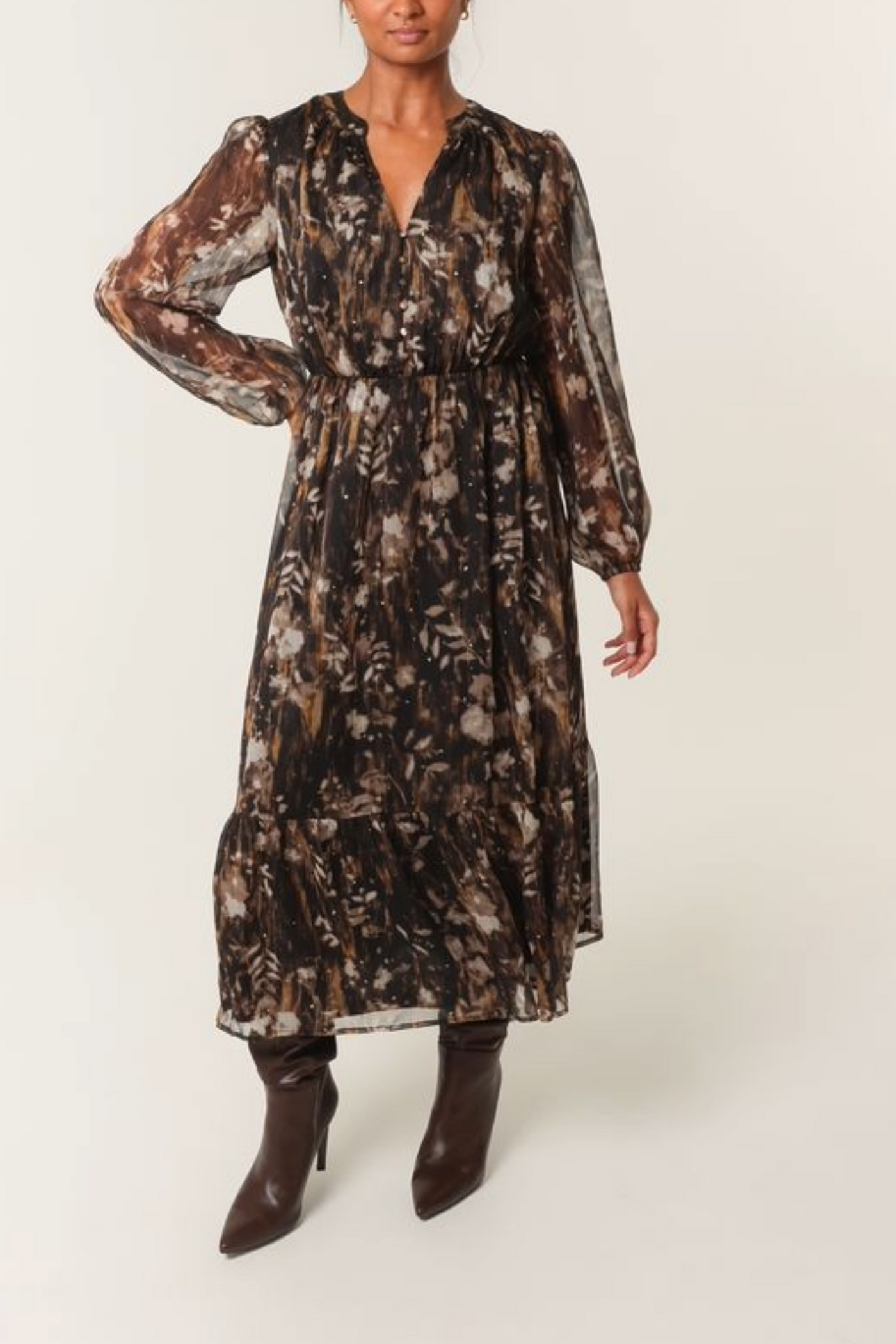 Leaf Print Diamanté Chiffon Dress