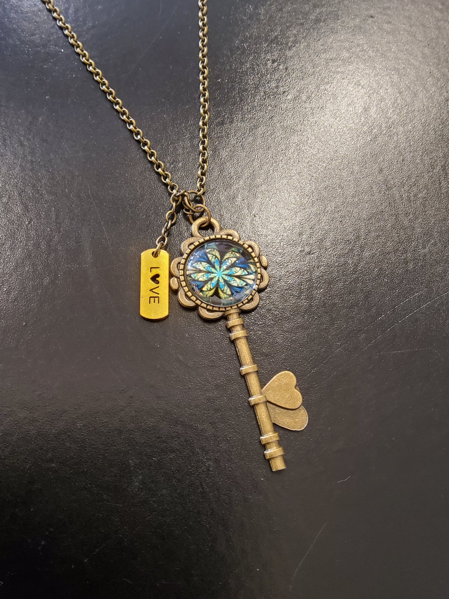 'Love' Blue Flower Centre Key Necklace