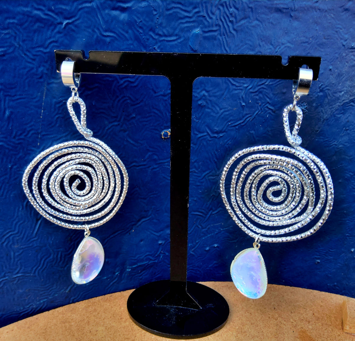 Handmade Wire Swirl Earrings With Iridescent Handmade Tear Drops