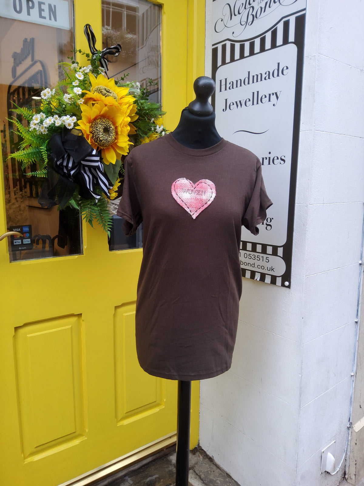Brown Woven T-shirt with Pink/White Heart