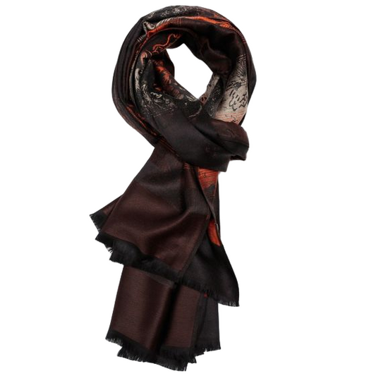 Brown scarf with intricate patterns on a white background