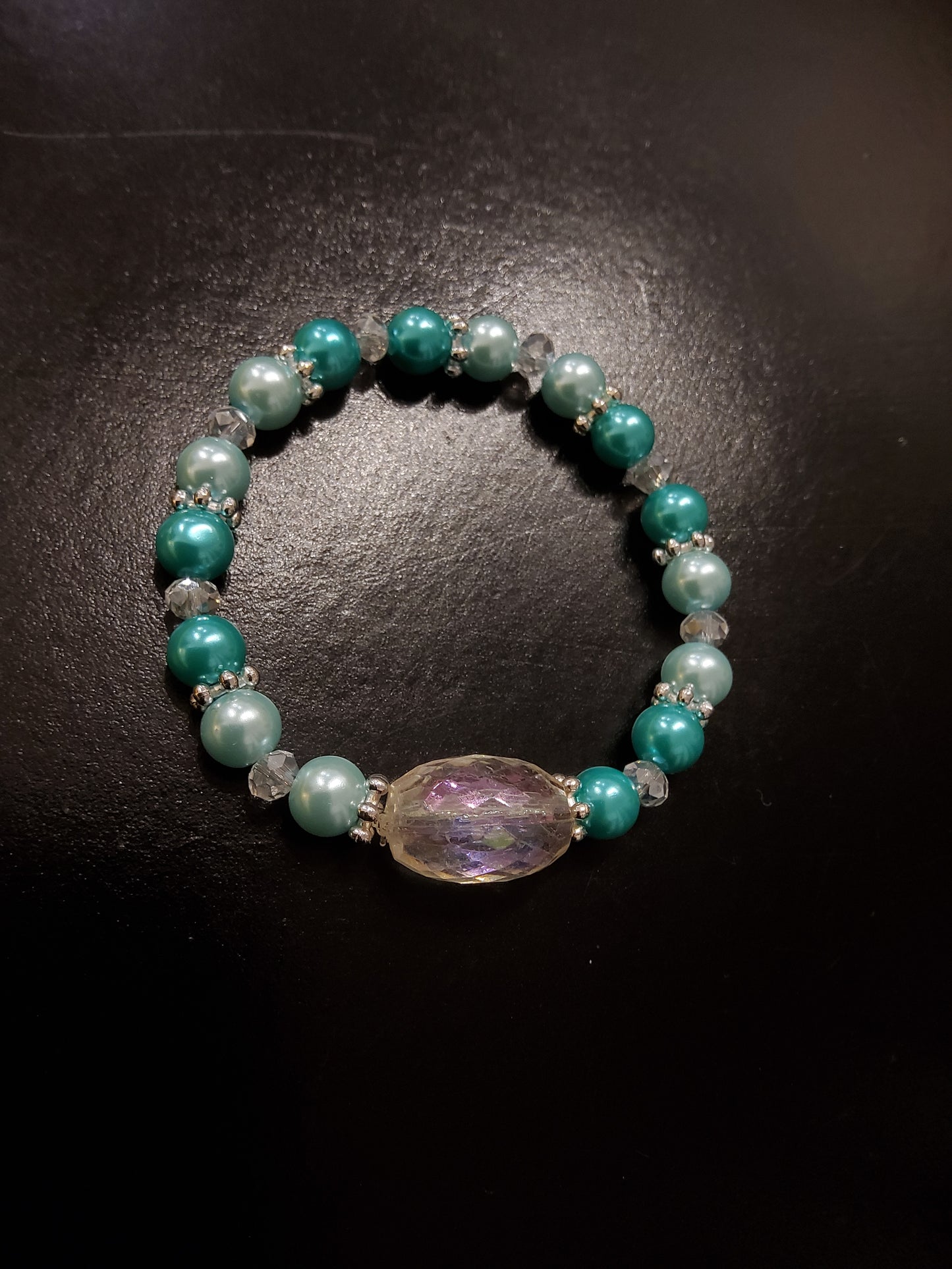 White and Turquoise Pearl Bracelet with Large Crystal
