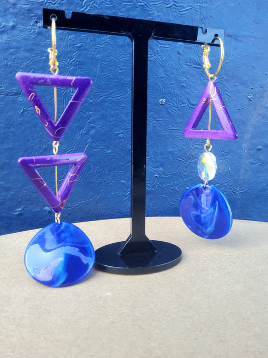 Asymmetric Purple, Blue & Gold Geometric earrings