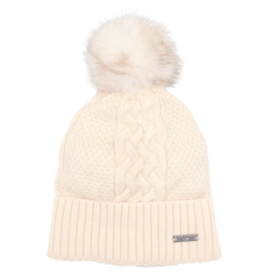 Red Cuckoo Cream Cable Knit PomPom Hat