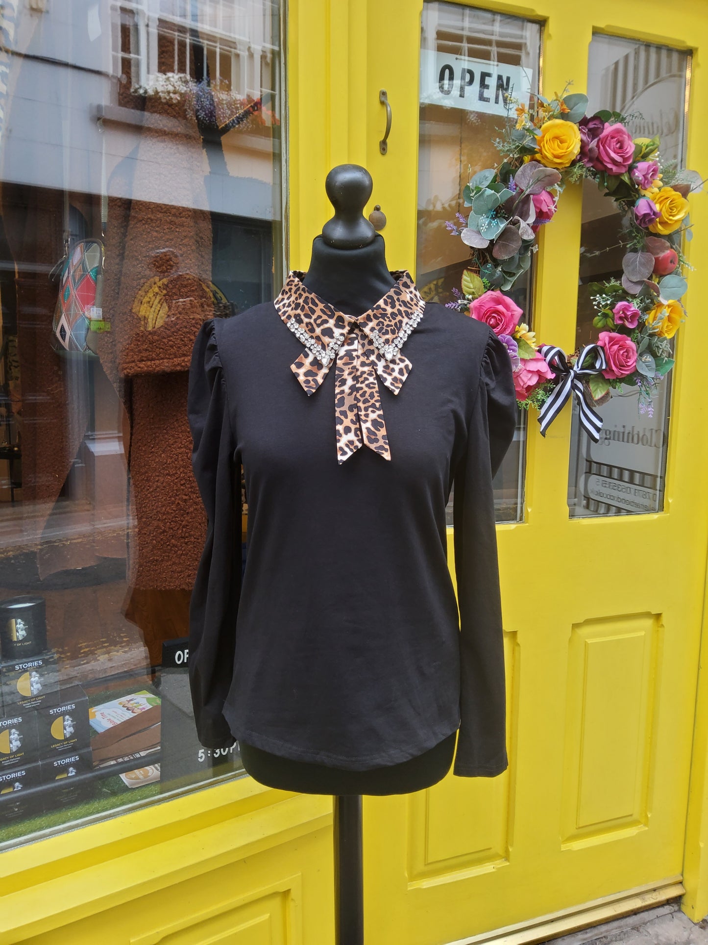 Leopard Print & Diamanté Collar Puff Sleeve Top