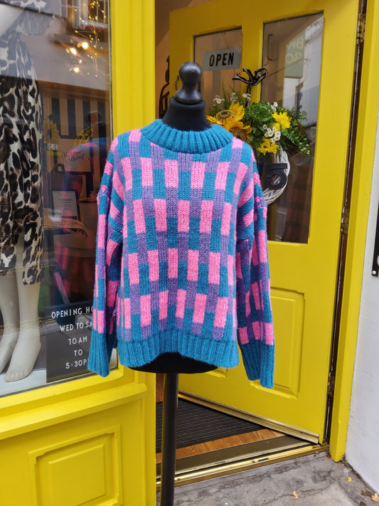 Charlotte Geometric Pattern Wide Sleeve Knit Jumper - Teal