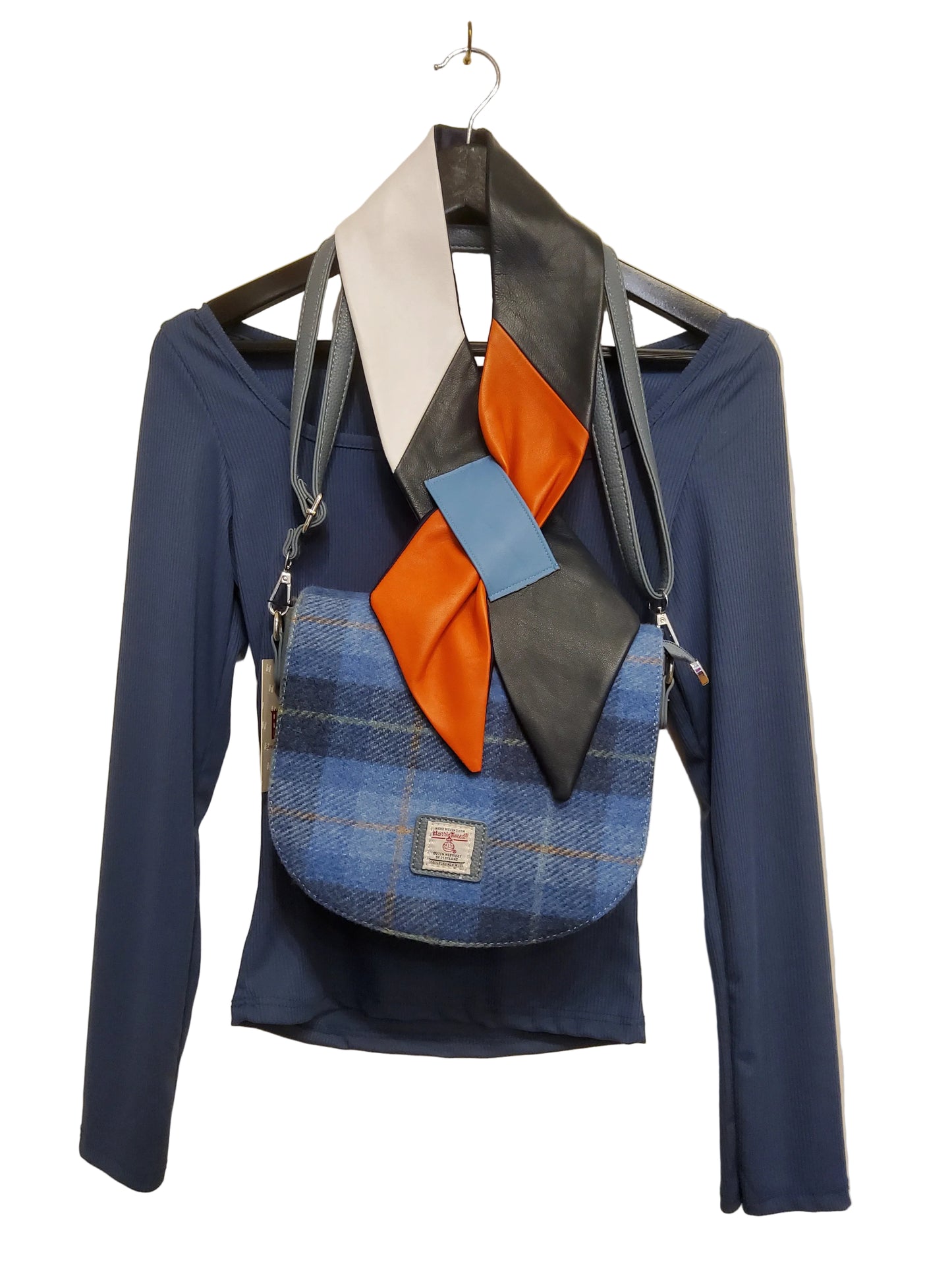 Orange, blue and white lamb's leather neck scarf
