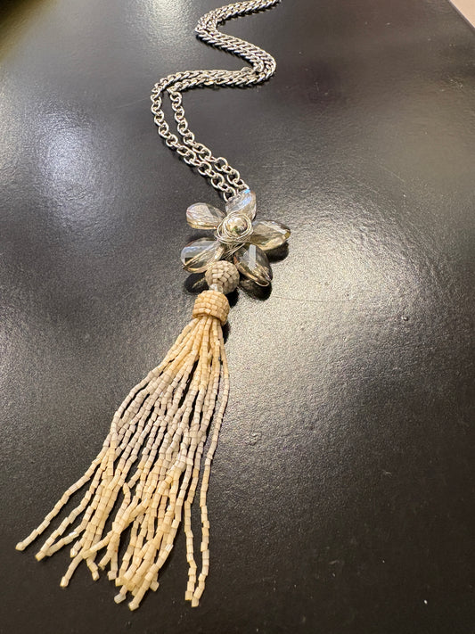 Grey crystal flower on long chain with beaded tassel detail