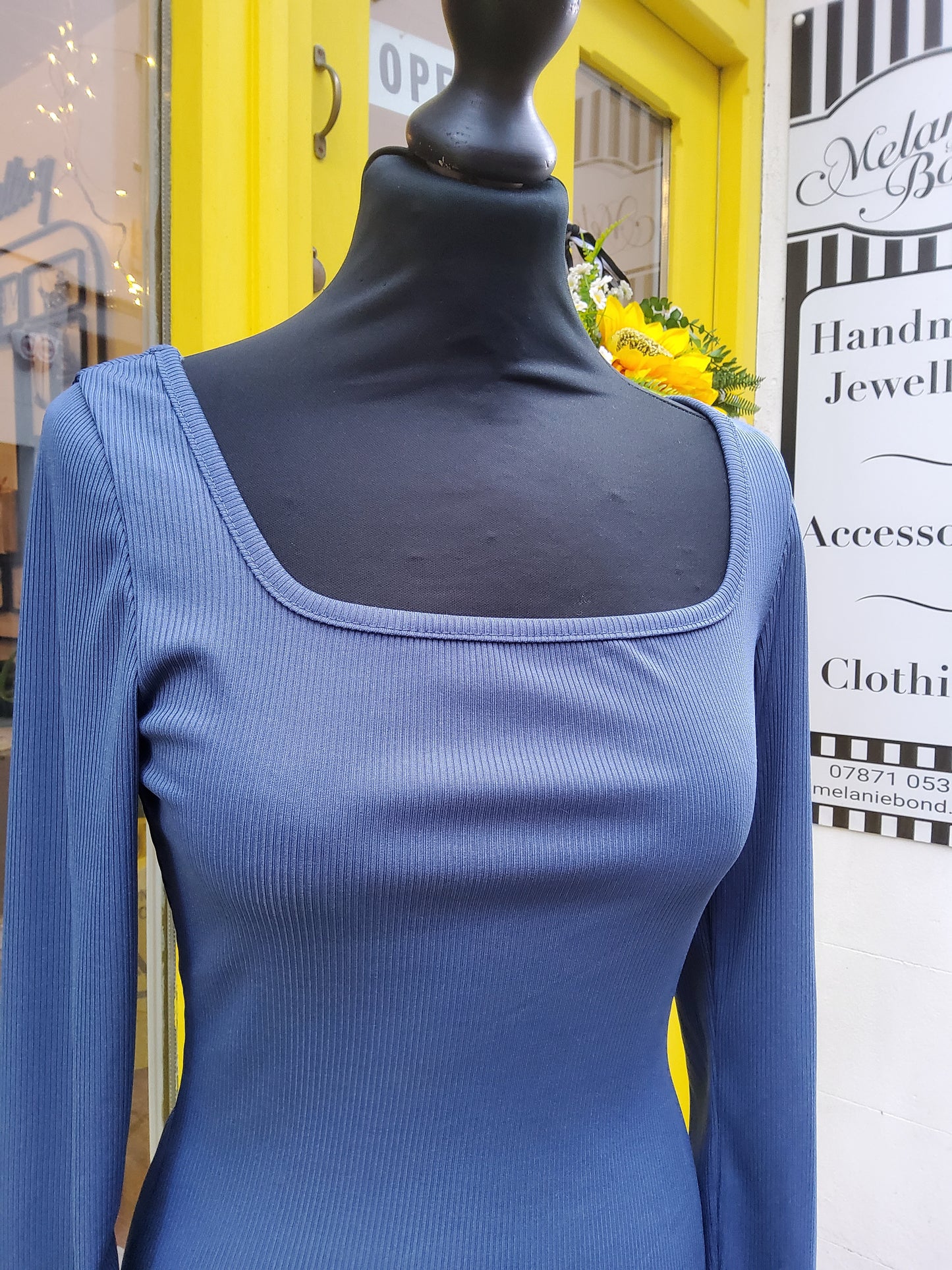 Denim Square Neck Ribbed Long Sleeve Top