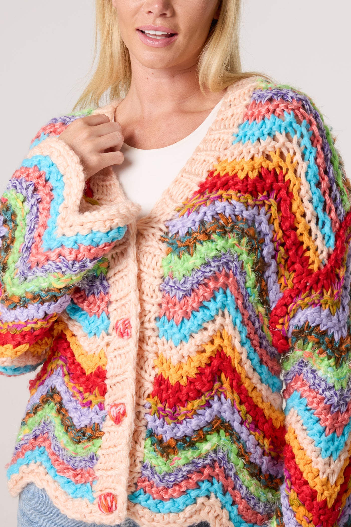 Multicoloured Zigzag Knitted Chunky Cardigan