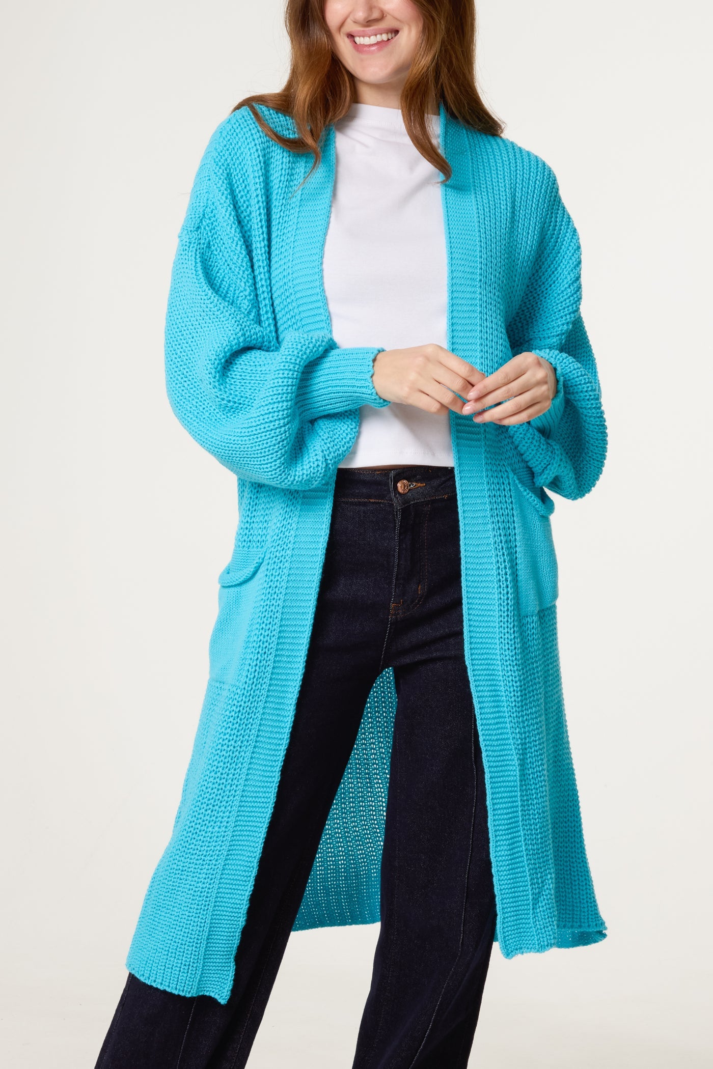 Knitted Long Cardigan - purple, navy, turquoise and beige