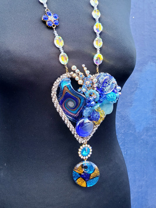 Hand-wired Stained Glass Meets Hedgerow Heart on beaded beaded aurora borealis crystal chain with mini brooch detail