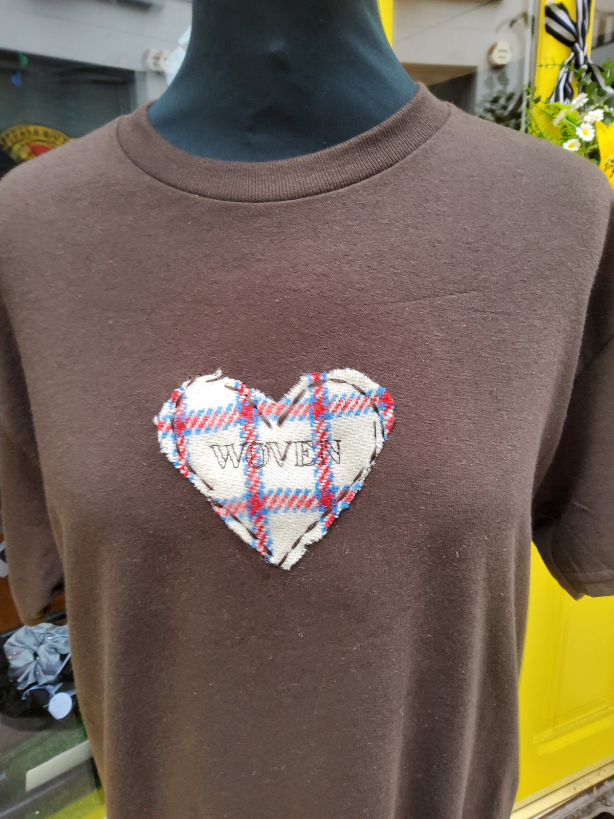 Brown Woven T-shirt with Cream/Red Heart