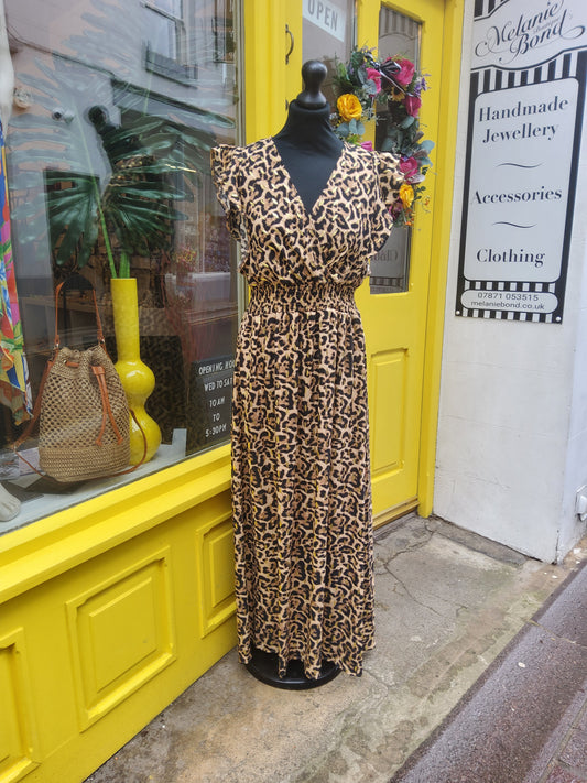 Leopard Print Shirred Flutter Sleeve Midi Dress