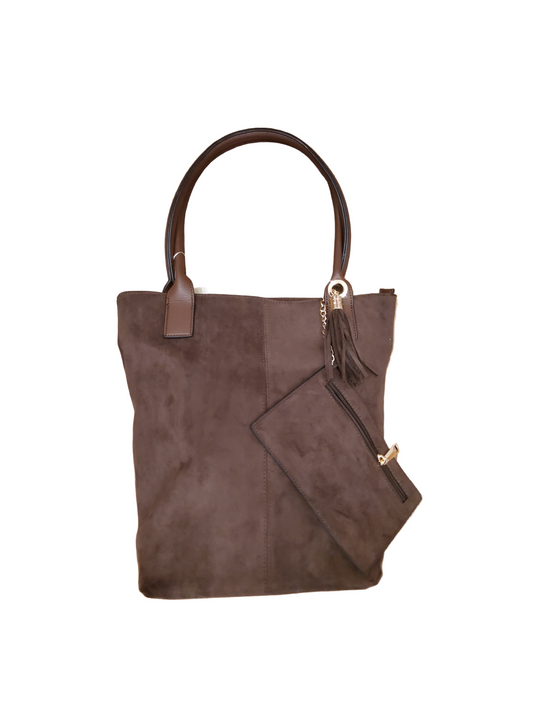 Large brown suede handbag with matching pouch 