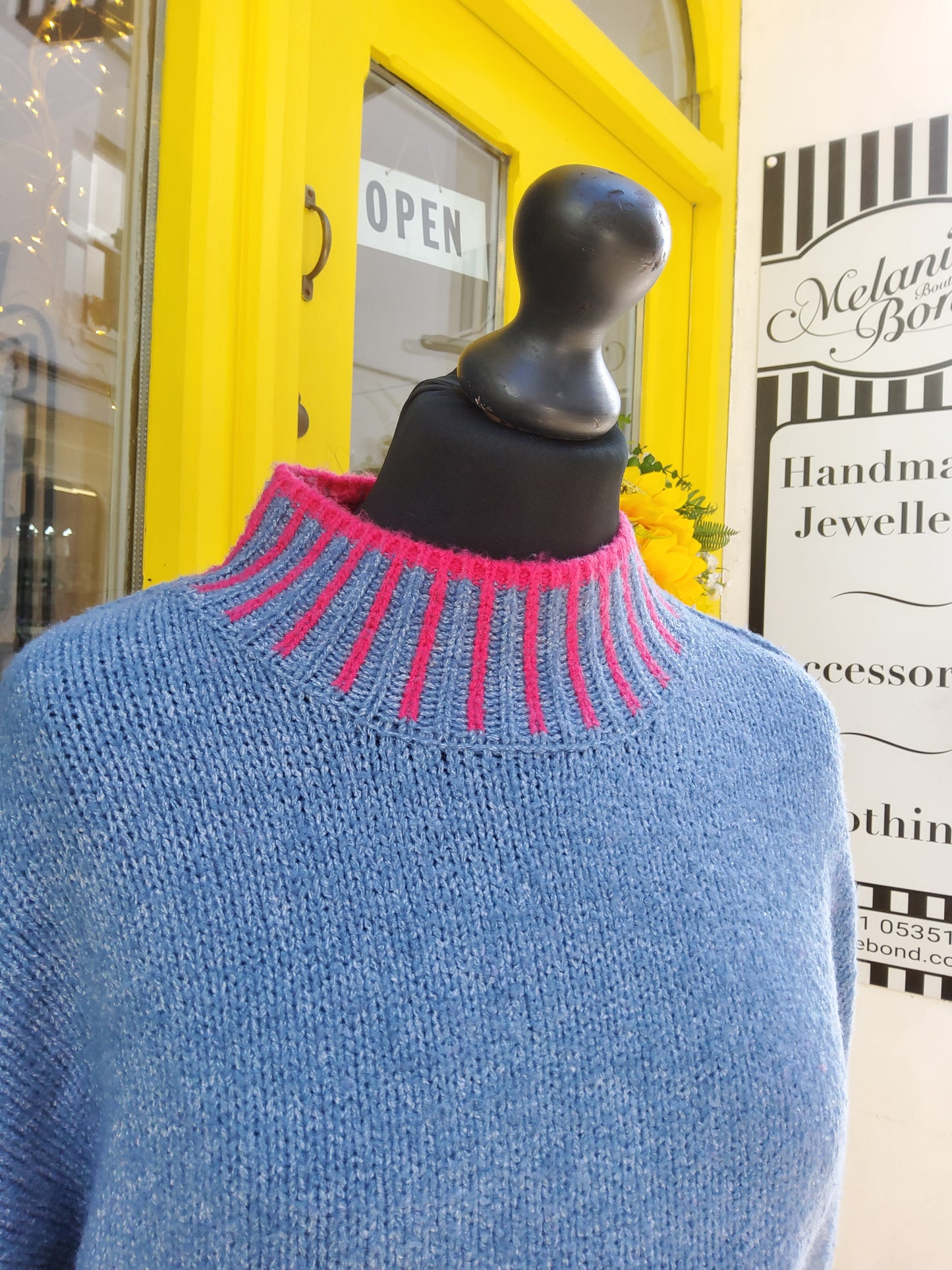 Denim and Pink Contrast Stripe Jumper