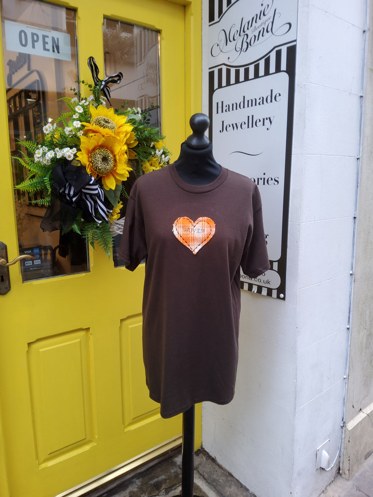 Brown Woven T-Shirt with Orange Heart