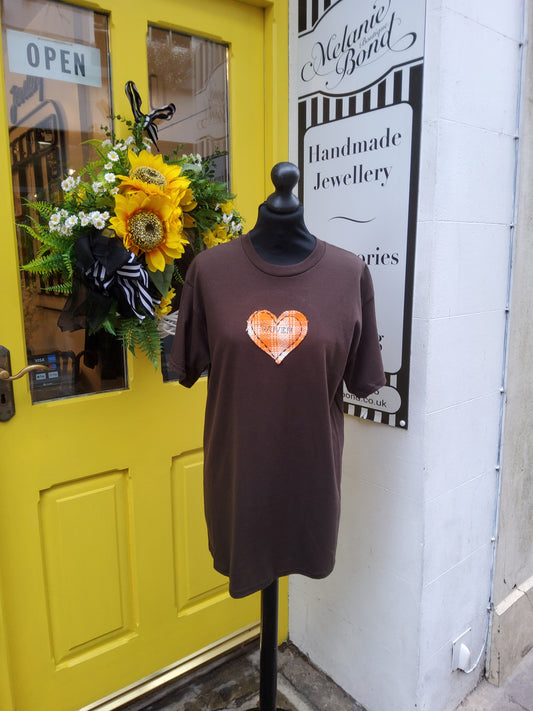 Brown Woven T-Shirt with Orange Heart