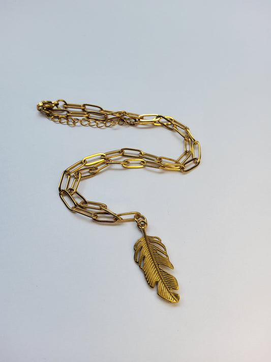 Gold Feather Necklace with paper clip style chain