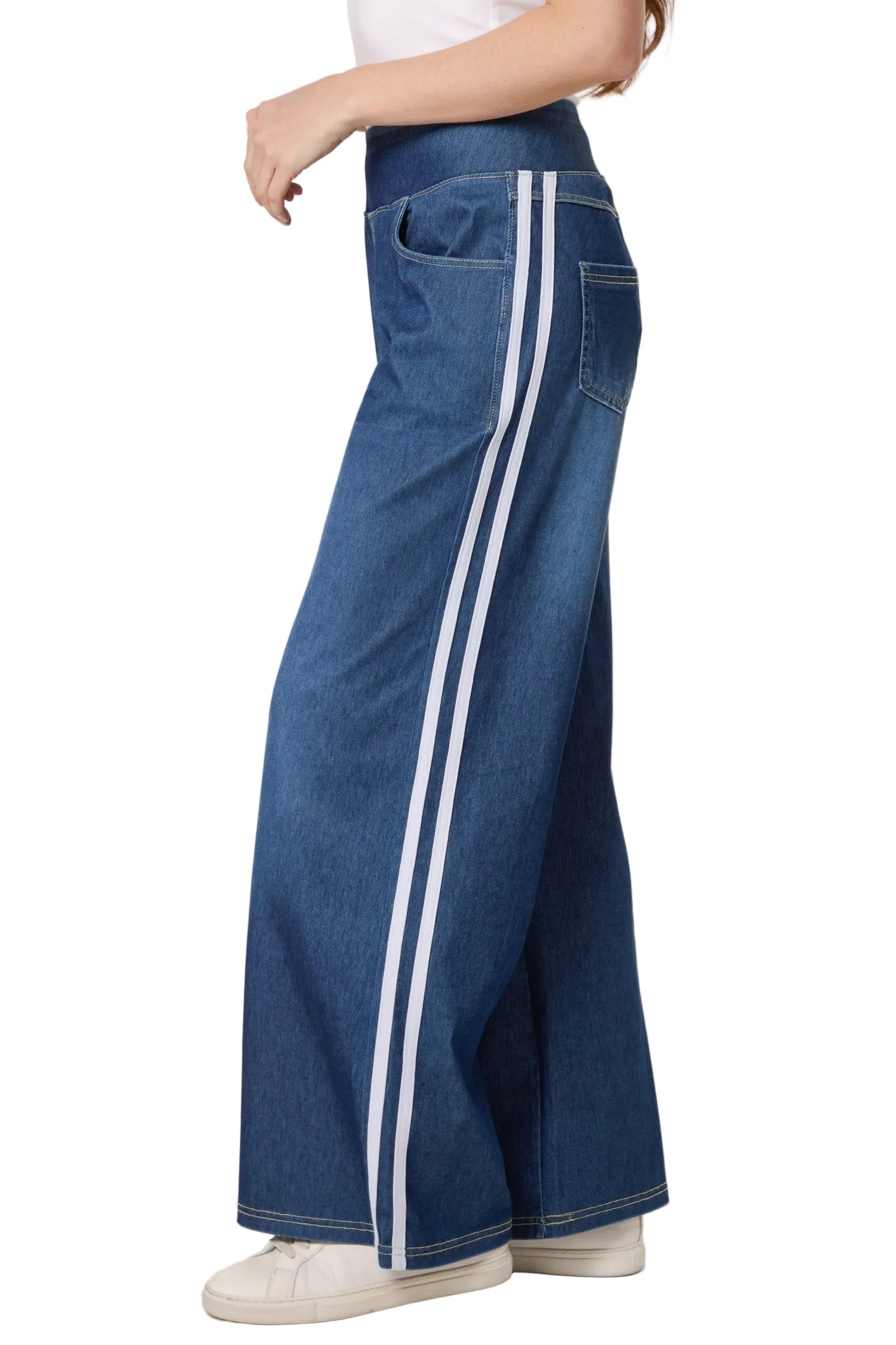 Blue wide-leg jeans with white vertical stripe