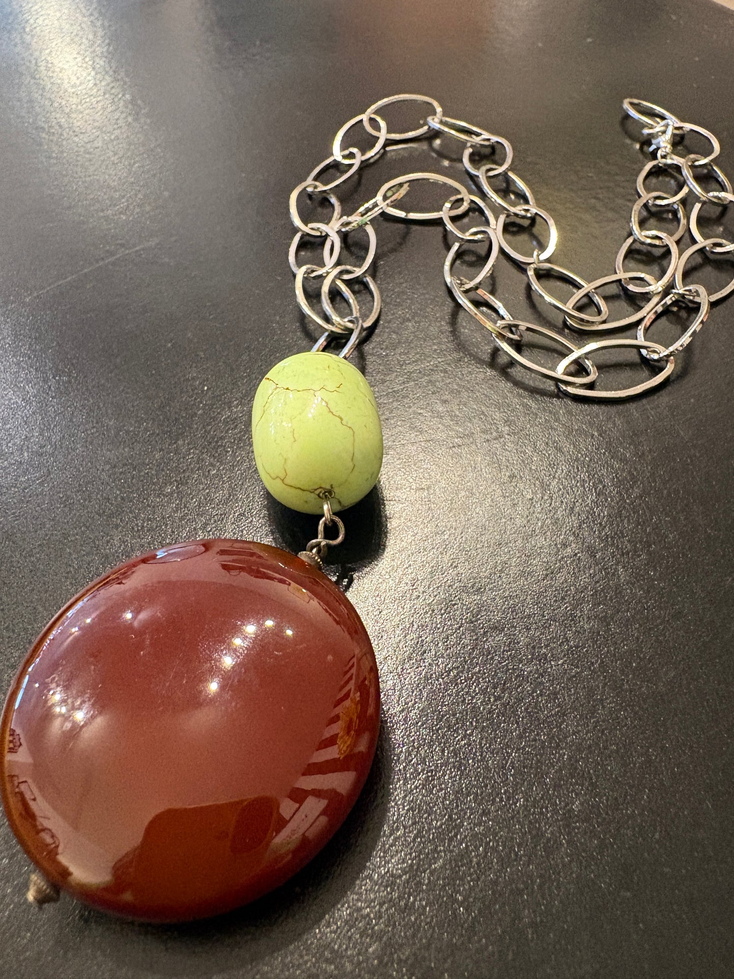 Brown & lime green pendant on silver chunky chain