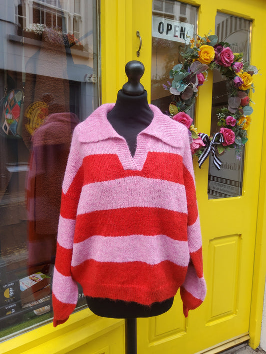 Polo Collar Striped Knit Jumper