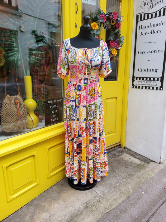 Tie Front Shirred Postcard Print Midi Dress