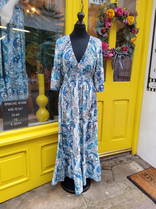 Paisley Print Stretch Empire Line Dress with Half Sleeve