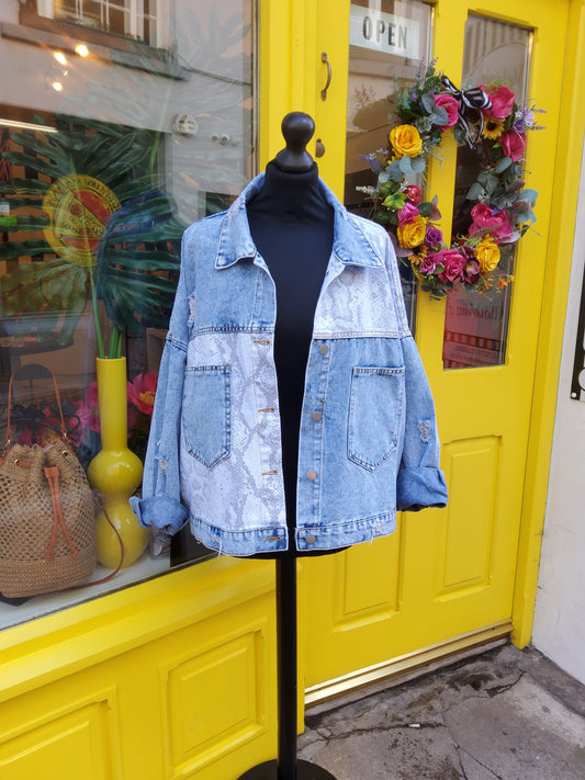 Snake Skin Print Mixed Denim Jacket