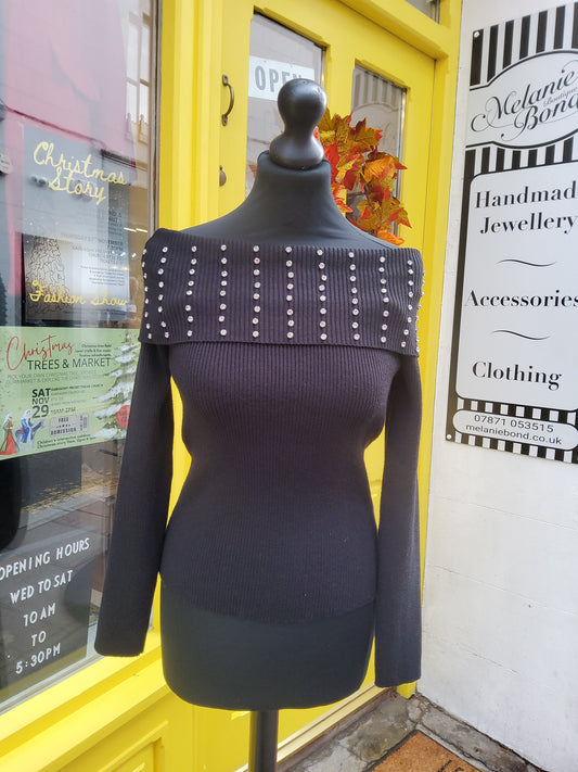 Diamanté Bardot Ribbed Jumper