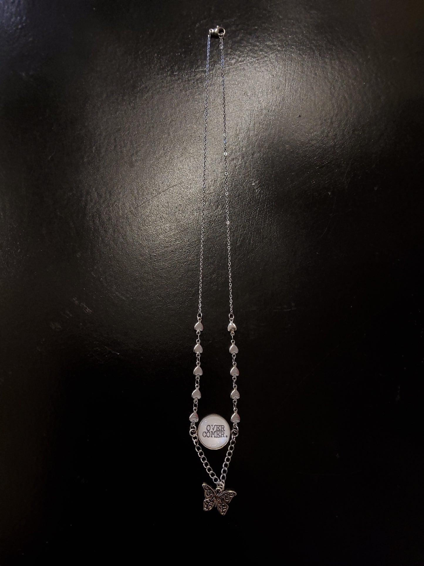 ‘Overcomer’ Necklace with Heart Chain and Butterfly Charm