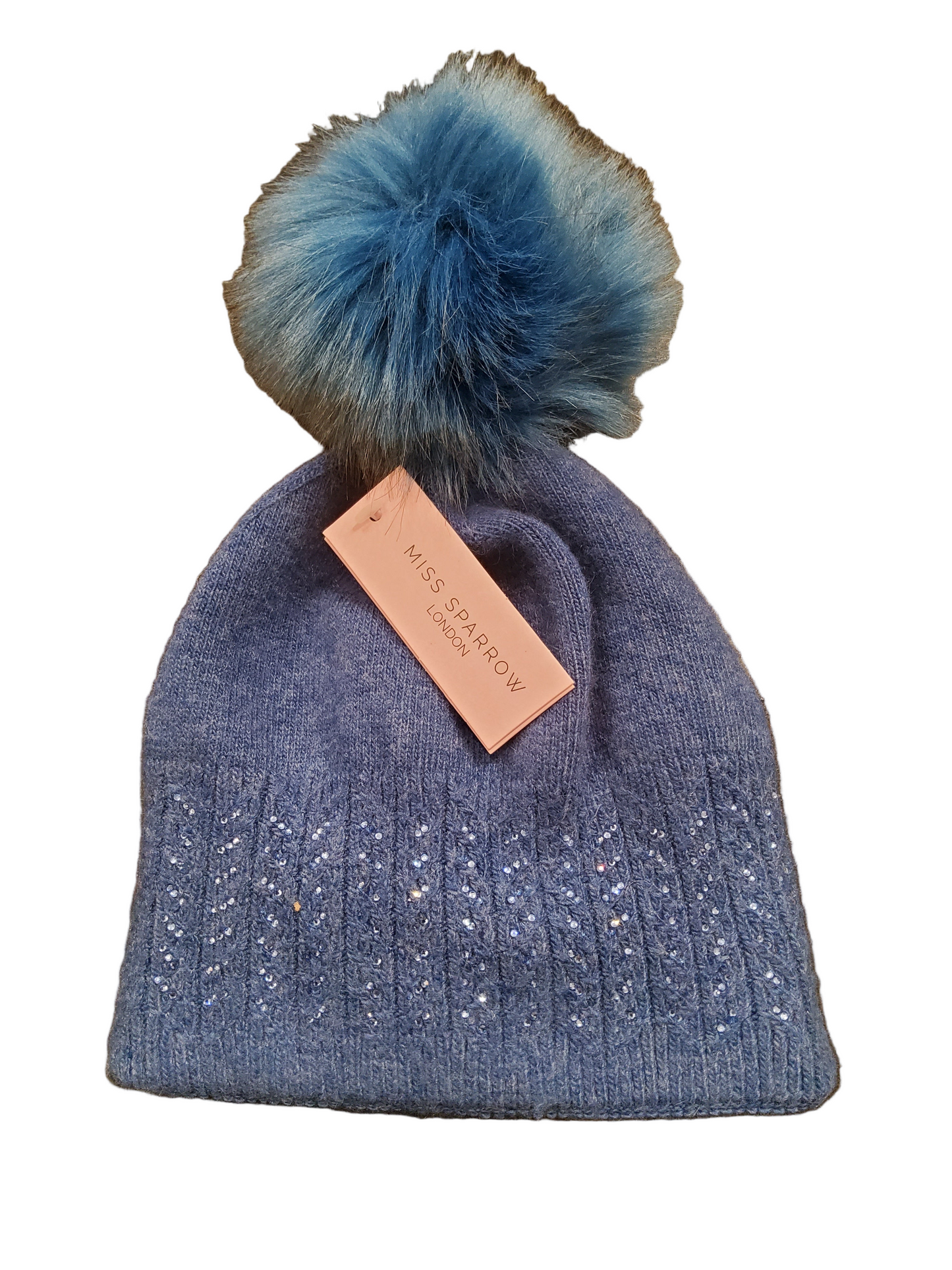 Blue Sparkle Cable Knit Bobble Hat