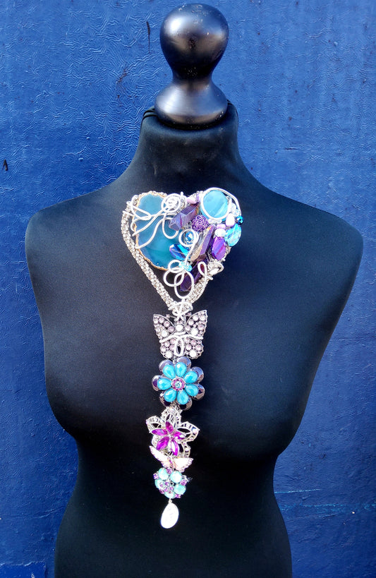 Statement Hedgerow Heart brooch incorporating vintage brooches, agate & quartz