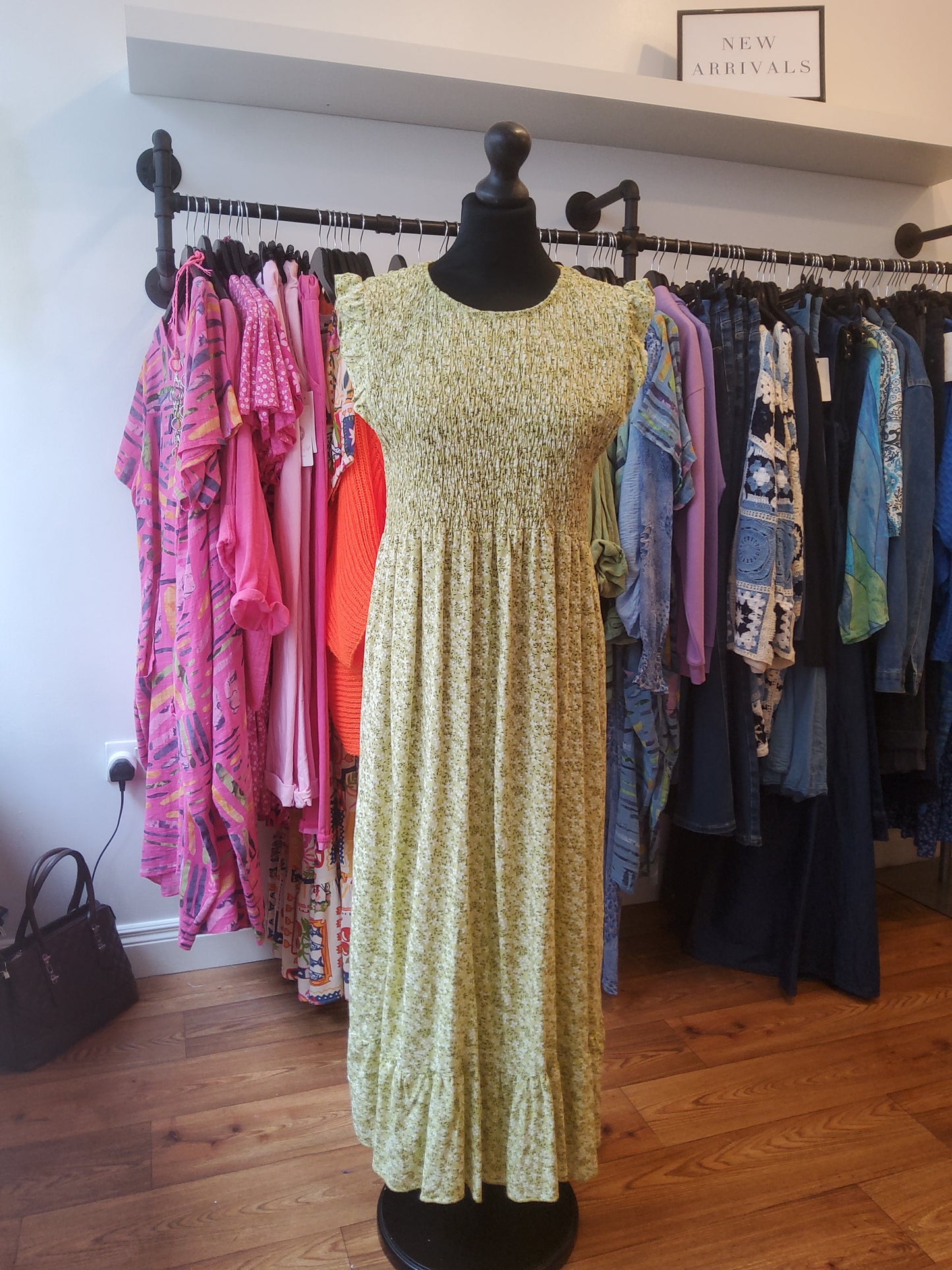 Floral Shirred Top Summer Dress in Pistachio Green
