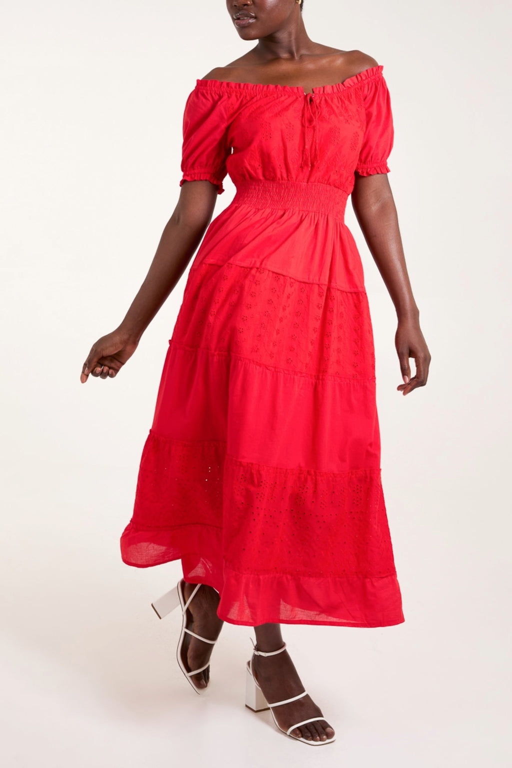 Red Broderie Tiered Maxi Dress