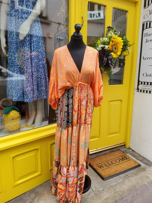 Orange Mixed Print Boho Maxi Dress