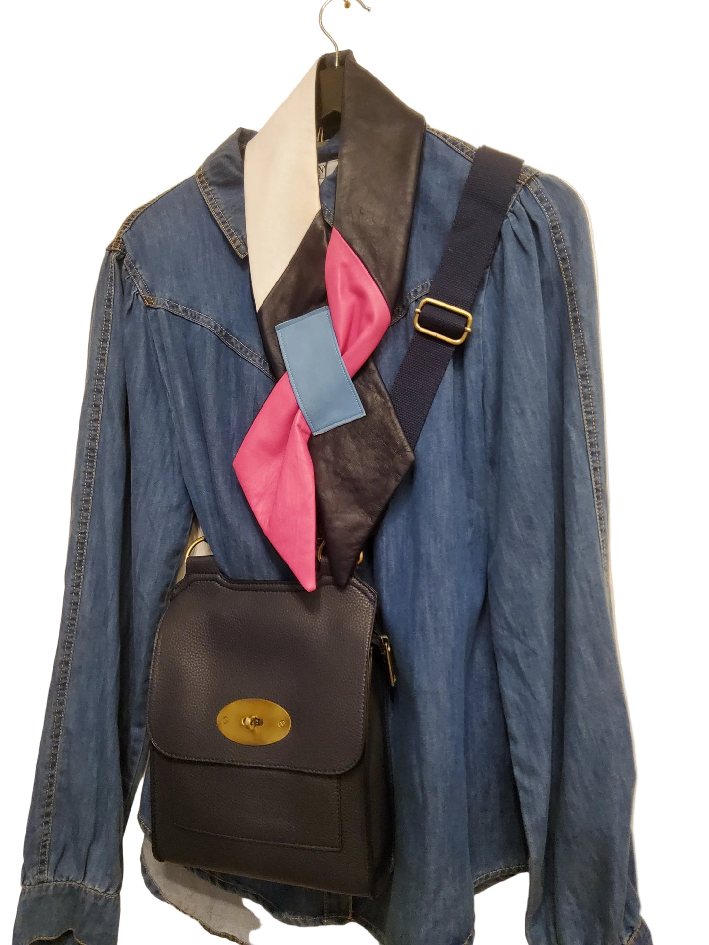 Pink, blue and white lamb's leather neck scarf