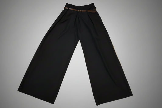 Wide Leg Black Trousers with Brown Belt - LAST ONE!