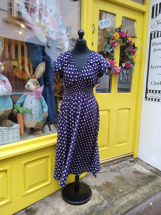 Navy Polka Dot V-Neck Shirred Dress