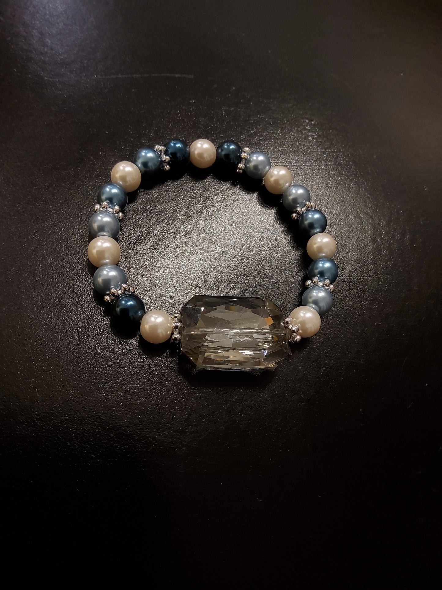 Cream and Blue Pearl Bracelet with Large Crystal