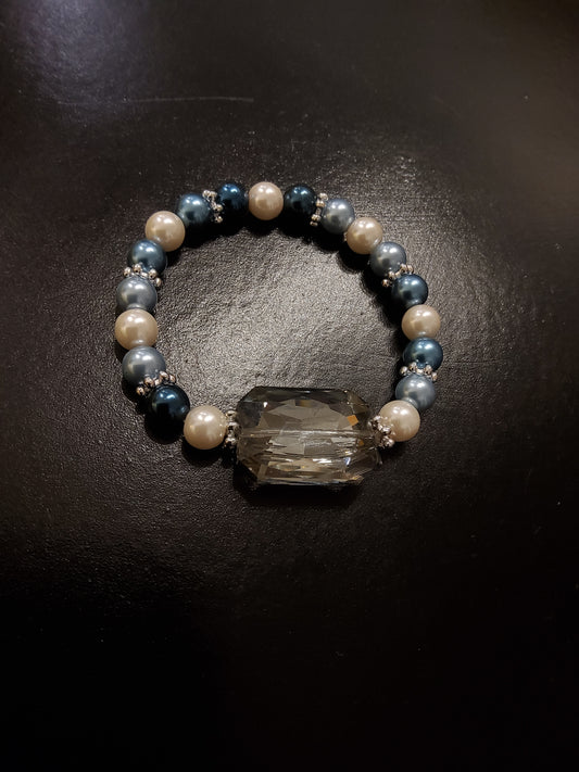 Cream and Blue Pearl Bracelet with Large Crystal