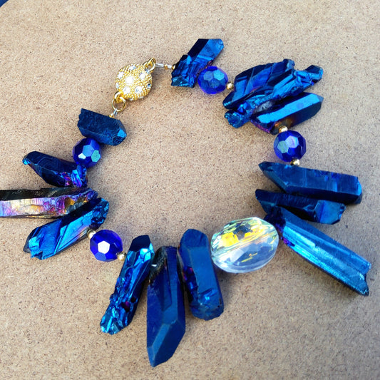 Metallic blue quartz bracelet with aurora borealis crystal (to order)