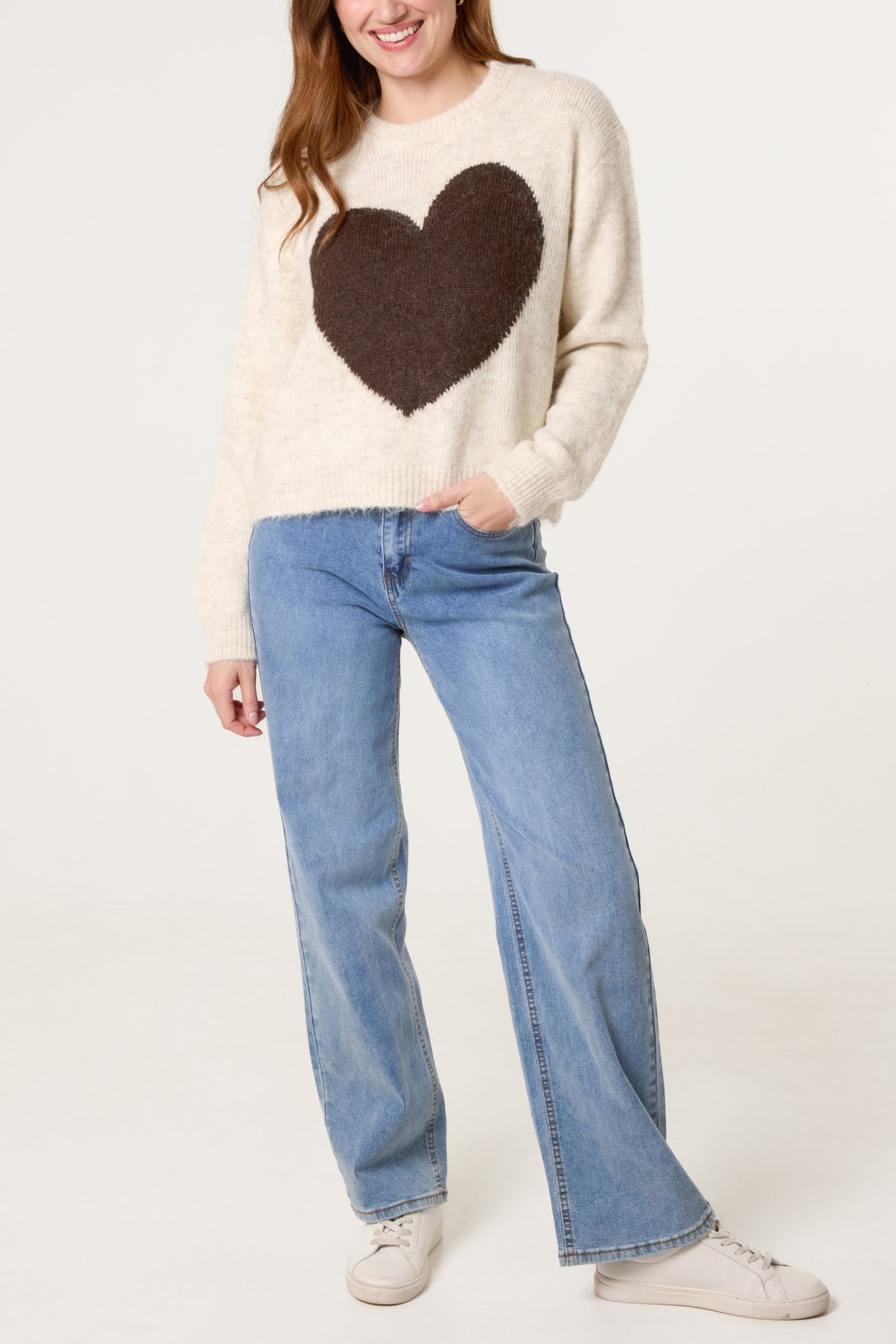 Brown and Cream Heart Crew Neck Jumper