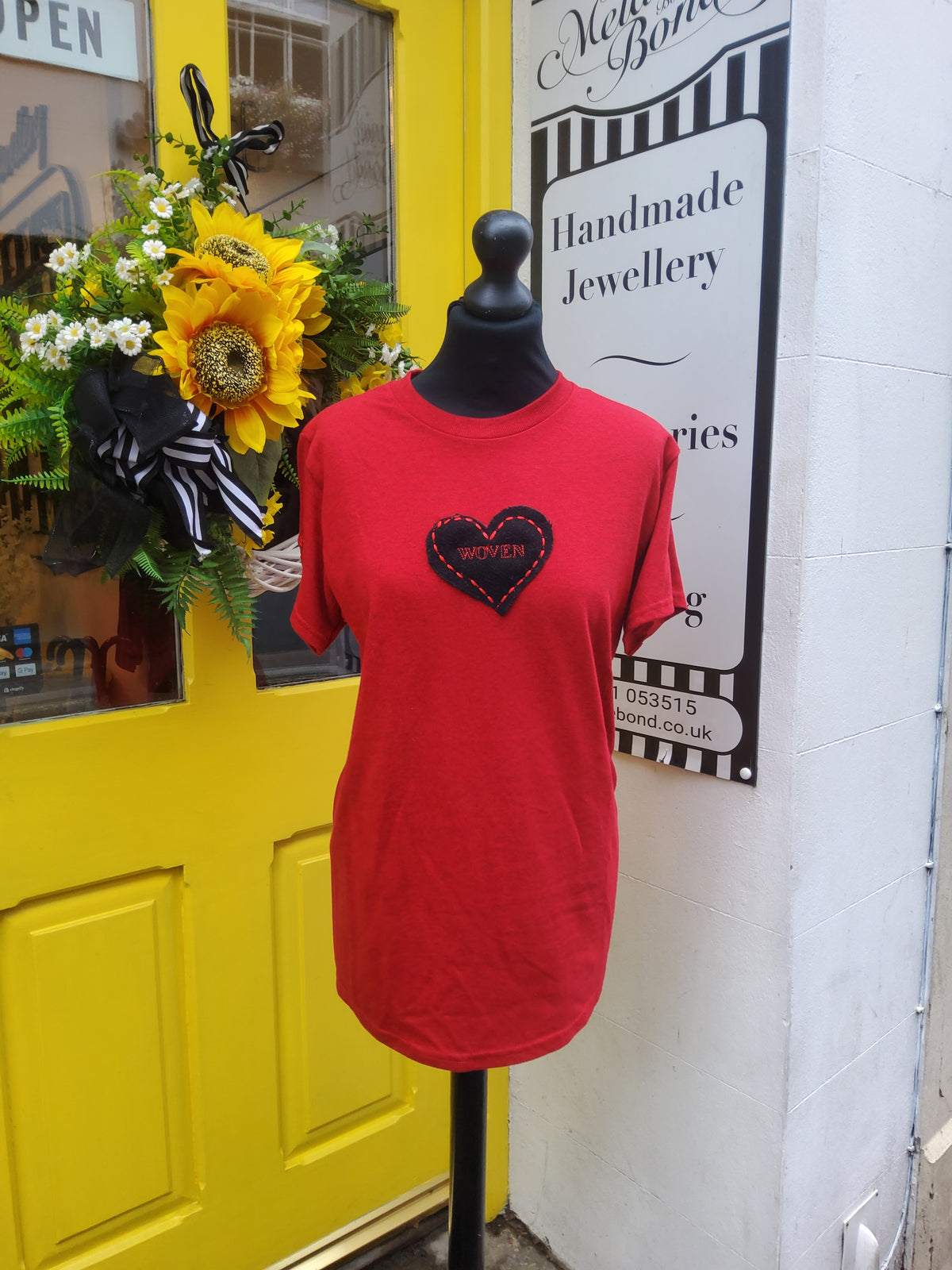 Red Woven T-shirt with Black Heart