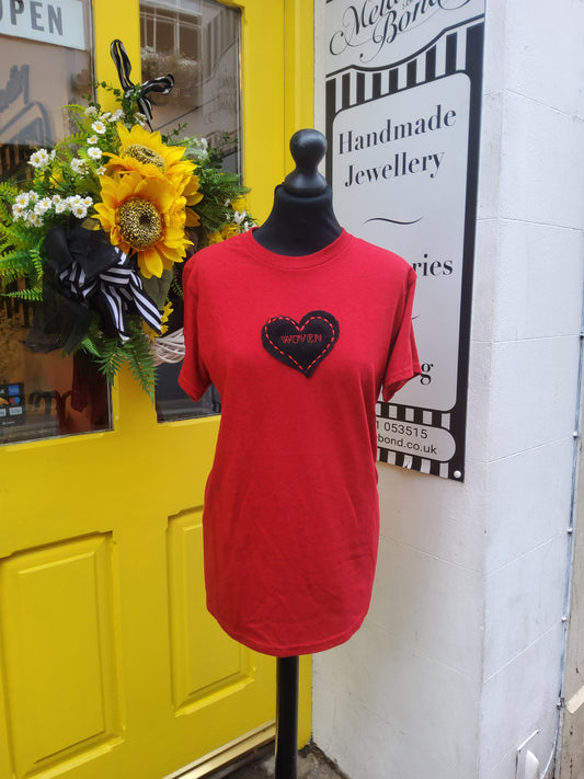 Red Woven T-shirt with Black Heart